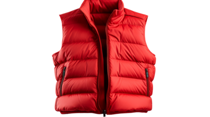 A vibrant red vest gracefully drapes across a pristine white background