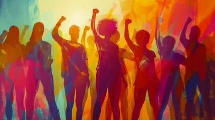 Womens Unity Illustrate a diverse group of women standing together in solidarity, holding hands or raising fists in unity and empowerment ,4k