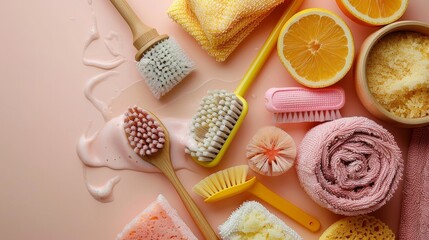 A row of pink cleaning tools including a toothbrush a scrub brush and a sponge. maid and house keeper