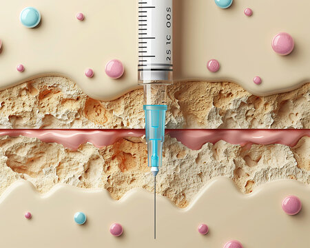 Conceptual image of a syringe alongside colorful pills superimposed over layers of skin, depicting medical dermatology treatment.