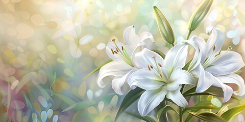 Fototapeta na wymiar white lilies with a blurry background. Beautiful white lilies on light background, symbol of gentleness, purity and virtue. closeup