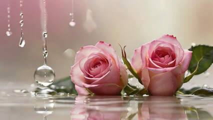 A Captivating Array of Rose Flowers in Various Soft and Romantic Light color 
rose in pink red blue purple yellow green  with water drops lying on the sepals of the flowers  - obrazy, fototapety, plakaty