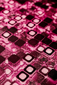 Black microchip blocks illuminated with pink lighting
