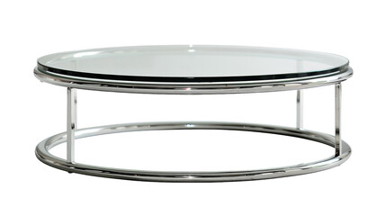 A sleek chrome and glass coffee table on a pristine white background
