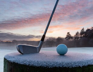 A golf ball and a club on a frost-covered tee box at dawn, the frost sparkling in the first light, highlighting the dedication to the game regardless of the chill.