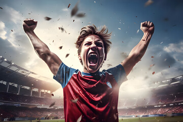 Soccer player celebrating victory on the field grass - Ai Generated