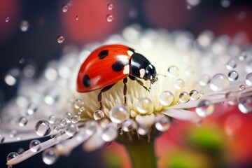 Closeupbeautiful ladybug on fresh flower background