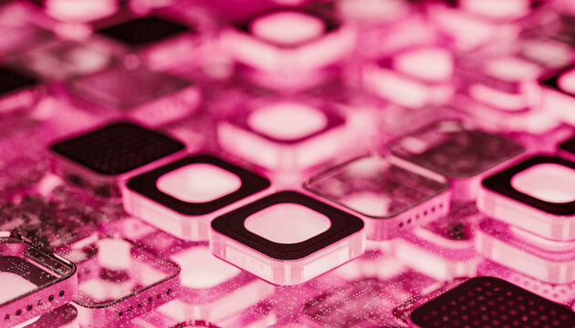 Abstract microprocessor chip blocks with illuminated pink light