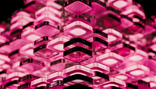 Multiple layers of computer chips with pink lighting