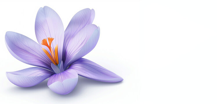 One purple crocus flower on a white background. 3D illustration.  Banner with copy space Flowers isolated on white background