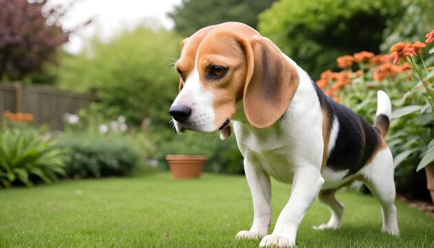 Beagle sniffing around in a garden   (4)