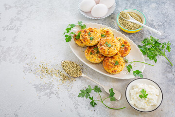 Homemade egg and zucchini muffins with feta cheese, savory courgette with ingredients