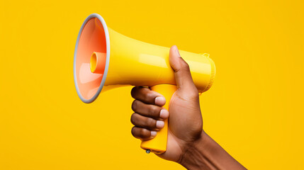 a hand holding a yellow megaphone - obrazy, fototapety, plakaty