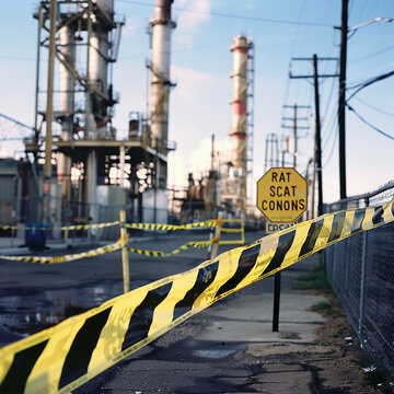 Vibrant warning signs and caution tape contrasting against the industrial landscape, promoting safety awareness. --v 6.0 - Image #1 @Zoha Noor