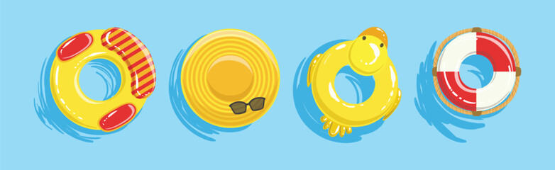 Bright Summer Swimming Object on Blue Water Background Vector Set - 773800325