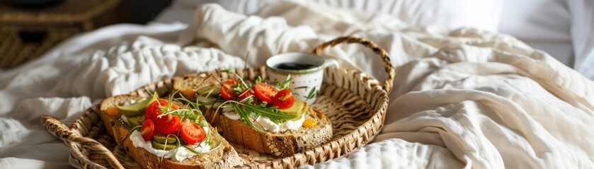 Elevated glamping breakfast in bed, featuring artisanal emping garnishes on avotoast, prepared in a cheffy style