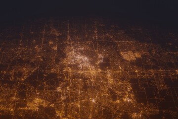 Aerial shot on Naperville (Illinois, USA) at night, view from west. Imitation of satellite view on modern city with street lights and glow effect. 3d render - obrazy, fototapety, plakaty