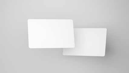 Two blank plastic business cards mockups set isolated on grey background. Debit card mock up. Name card design mock up presentation.