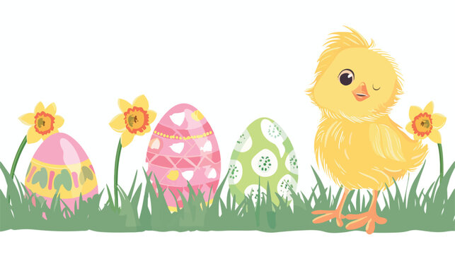 Cute easter chick with painted eggs and daffodils vector