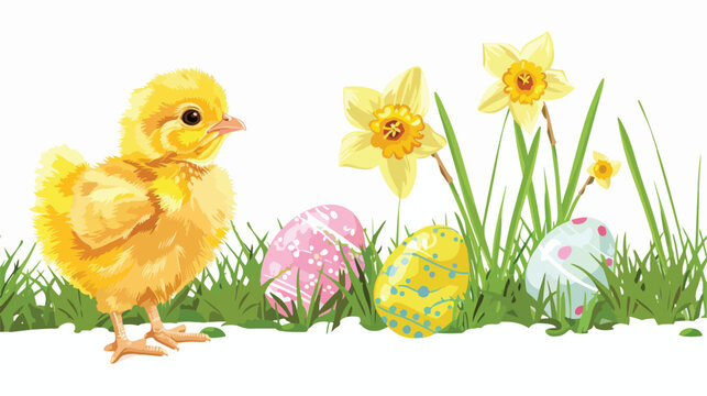 Cute easter chick with painted eggs and daffodils vector
