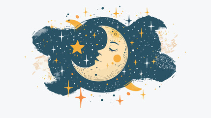 Cute handdrawn design with Full Moon and Stars. Hand 