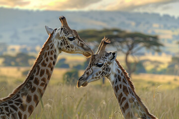 Two giraffes in the Serengeti National Park in Tanzania. Giraffes in the savannah, hilly plain. - obrazy, fototapety, plakaty