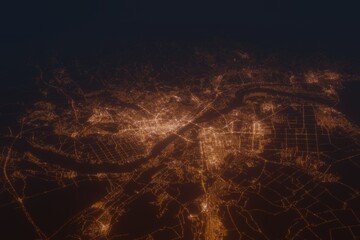 Aerial shot on Novosibirsk (Russia) at night, view from west. Imitation of satellite view on modern city with street lights and glow effect. 3d render - obrazy, fototapety, plakaty