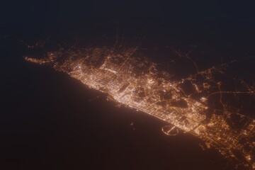 Aerial shot on Dubai (UAE) at night, view from west. Imitation of satellite view on modern city with street lights and glow effect. 3d render - obrazy, fototapety, plakaty