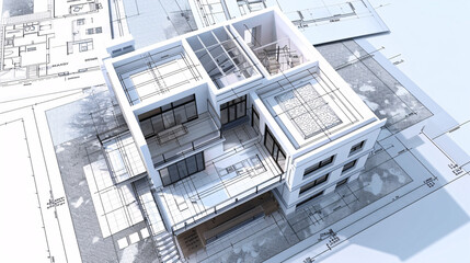 Modern 3d house growing out of detailed blueprint, floor plan 