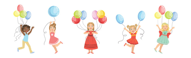 Kid Character with Party Balloon Having Fun Vector Set