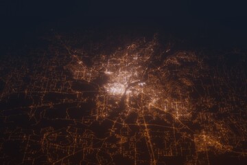 Aerial shot on Little Rock (Arkansas, USA) at night, view from east. Imitation of satellite view on modern city with street lights and glow effect. 3d render - obrazy, fototapety, plakaty