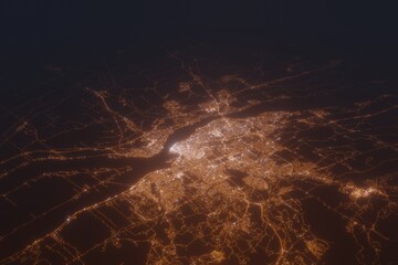 Aerial shot of Quebec (Canada) at night, view from north. Imitation of satellite view on modern city with street lights and glow effect. 3d render - obrazy, fototapety, plakaty