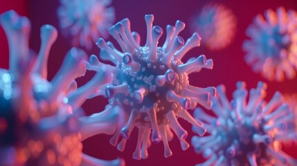 Fototapeta na wymiar Close-up viruses, showcasing a potential health threat in a vivid red backdrop.