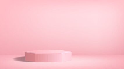 3D podium in minimalist studio background of monochrome gradient pink color. Room or photo space with low platform and light spot. Empty vector template for product presentation, banner back.