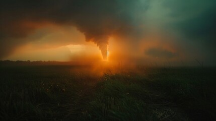 A powerful tornado touches down in a field at sunset, creating a dramatic and ominous natural scene.