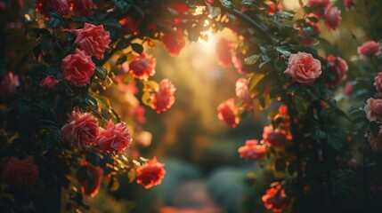 Warm sunset light filters through a vibrant rose garden, highlighting the delicate beauty of the flowers.
