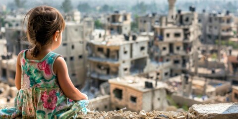 A young girl gazes out over a devastated cityscape from a high vantage point. - obrazy, fototapety, plakaty