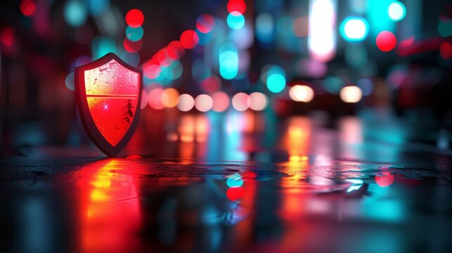 A conceptual image of a glowing red shield with neon reflections on a wet surface, symbolizing cyber security.