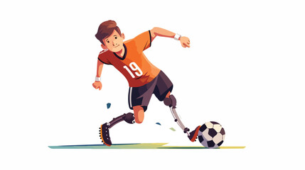 Fototapeta na wymiar Disabled man character playing football. Male footbali