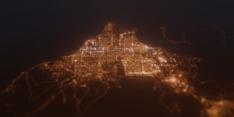 Street lights map of Anchorage (Alaska, USA) with tilt-shift effect, view from east. Imitation of macro shot with blurred background. 3d render, selective focus