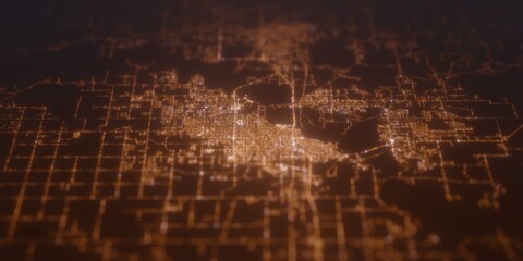 Street lights map of Lake Charles (Louisiana, USA) with tilt-shift effect, view from east. Imitation of macro shot with blurred background. 3d render, selective focus