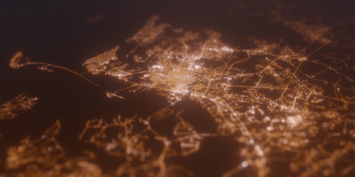 Street lights map of Savannah (Georgia, USA) with tilt-shift effect, view from north. Imitation of macro shot with blurred background. 3d render, selective focus