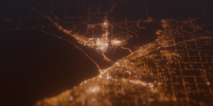 Street lights map of Duluth (Minnesota, USA) with tilt-shift effect, view from north. Imitation of macro shot with blurred background. 3d render, selective focus