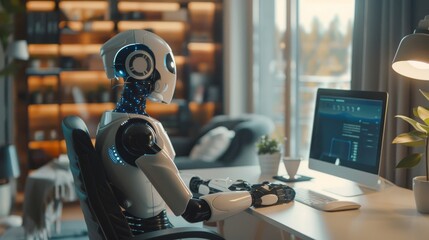 Artificial Intelligence Assistants Cinematic shots showcasing AI-powered virtual assistants and smart devices enhancing productivity and efficiency i  AI generated illustration - obrazy, fototapety, plakaty