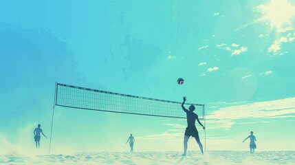Beach Volleyball A minimalist depiction of a beach volleyball game in progress offering a dynamic backdrop for adding text overlays  AI generated illustration