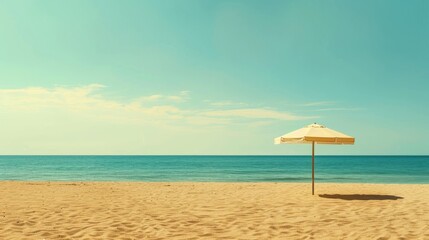 Fototapeta premium Beach Umbrella A minimalist composition featuring a solitary beach umbrella against a backdrop of golden sand and azure sea AI generated illustration