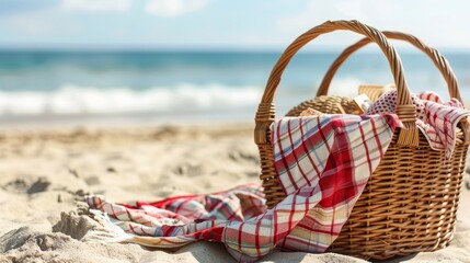 Beach Picnic A simple arrangement of a picnic blanket and basket on a sandy beach offering a cozy and inviting backdrop for adding text overlays  AI generated illustration