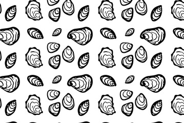 Oyster illustrations on a white background. Beach and summer elements. Seamless underwater pattern design for fabric or wallpaper. 