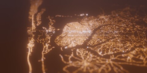 Street lights map of Porto Novo (Benin) with tilt-shift effect, view from east. Imitation of macro shot with blurred background. 3d render, selective focus