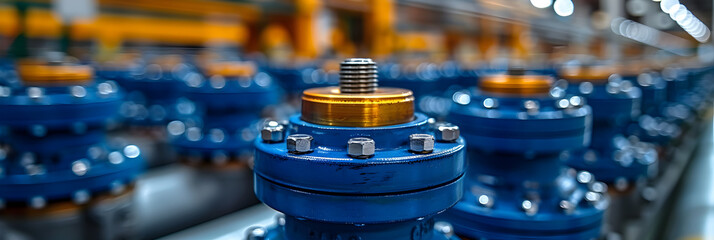 Blue valves in a factory, industrial and manufact,
Closeup of a pipeline and pipe rack in a plant for producing ammonia hydrogen chemicals or oil 